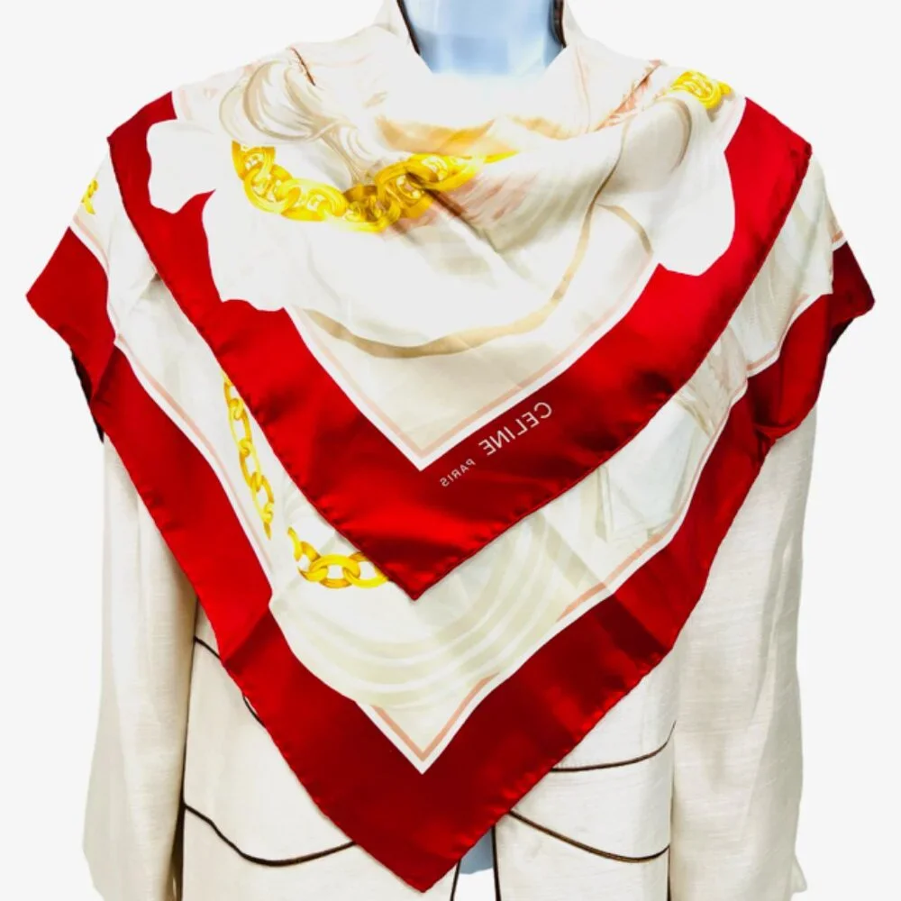 Vintage Celine Paris 100% Silk Scarf Satin 34" Red beich peach pink gold  (35) - Picture 6 of 16